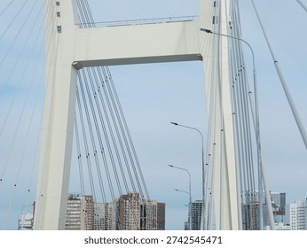 Cable stayed bridge structure with support cables against light sky background. Modern highway infrastructure architectural design.