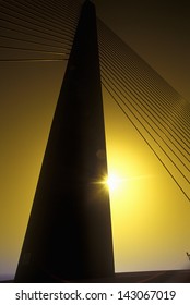 Cable tower of the Tampa Sunshine Skyway Bridge at sunset, Tampa Bay, Florida