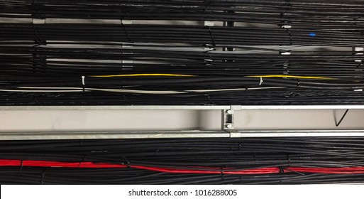 Cable tray with electrical wiring arranged on ceiling ,Cable tray epoxy dark grey : Houses runs of control and power cable used for cable and wire junction distribution and termination.Black wire.