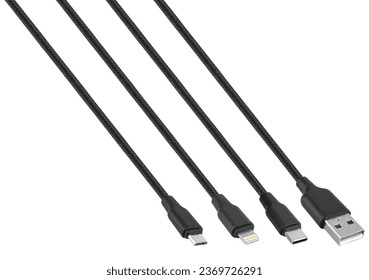 cable with USB connector, Type-C, Lightning on white background in insulation