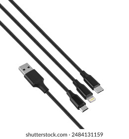 cable with USB, Type-C, Lightning and micro USB connector, on white background in insulation