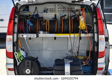 Cables, Hardware Equipment And Control Panel Detail From A Television Broadcasting Van