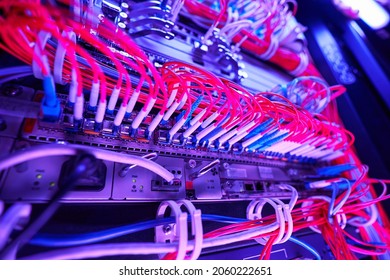 Cables in network server inside cabinet of data center