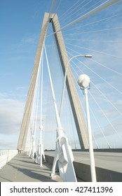 Cables and towers of Arthur Ravenel Bridge in Charleston, S.C. Spans Cooper River, impressive example of transportation engineering. 