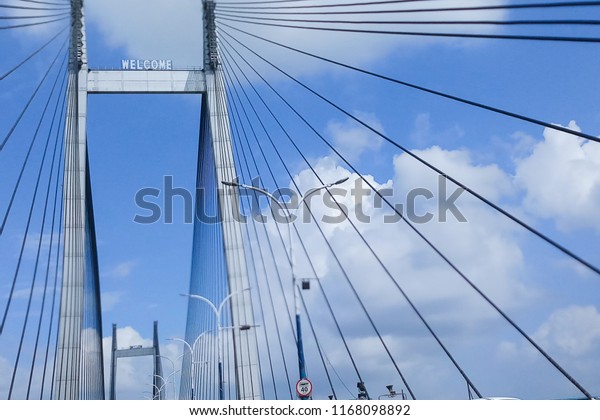 Cables of Vidyasagar Setu (Bridge) over river\
Ganges, with blue sky - known as 2nd Hooghly Bridge in Kolkata,West\
Bengal,India. Connects Howrah and Kolkata, Longest Cable - stayed\
bridge in India.