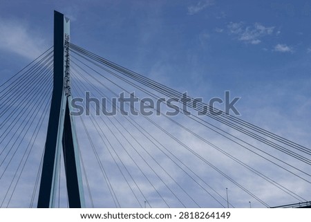 Cable-stayed bridge features blue support towers and suspension cables under a clear sky, highlighting modern architectural design and engineering techniques