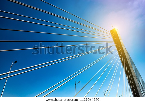  Cable-stayed bridge piers and cable-stayed cables\
under the blue sky 