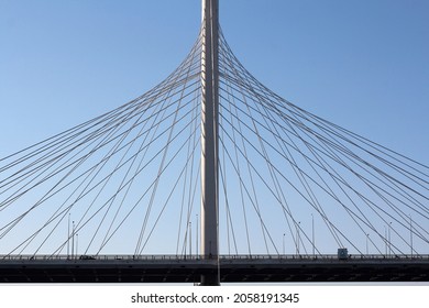 Cable-stayed Bridge Pylon With Cables. Close Up Photo.