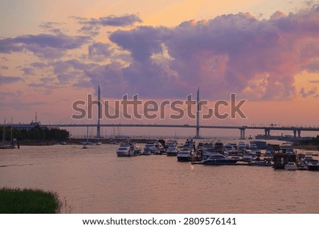 The cable-stayed bridge and the Western High-Speed ​​Diameter at sunset. St. Petersburg, Russia, June 30, 2026.