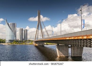Cable-stayed Vansu Bridge over Daugava river in Riga, Latvia.