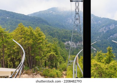 Cableway in the mountains, selective focus. Background with copy space for text