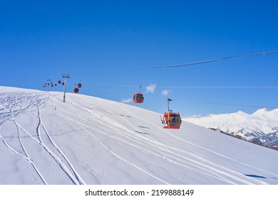 Cableway in the snowy mountains of Arkhyz resort city in Russia