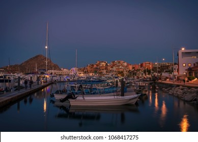 Cabo San Lucas, Baja California / Mexico - June 2017: Various Boats And Yachts Moored At The Marina In Los Cabos At Night