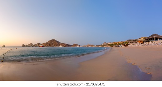 Cabo San Lucas, Mexico - June 6, 2022 : Panorama Of Resort Beaches And Lands End At Sunrise 