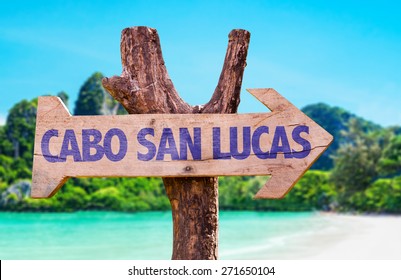 Cabo San Lucas Wooden Sign With Beach Background