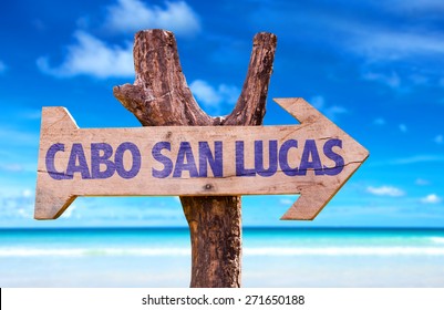 Cabo San Lucas Wooden Sign With Beach Background