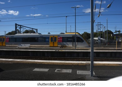 Caboolture, Queensland, Australia - July 6 2020: Suburban Electric Train Waiting At Caboolture Station