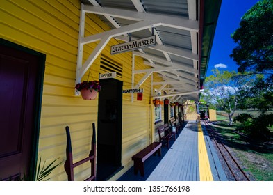 CABOOLTURE, QUEENSLAND - MARCH 1 2014: The Caboolture Historic Village Conserves Life As It Was In This Australian Town Many Years Ago. Here Is The Railway Station Brightly Painted.