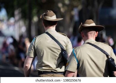 Caboolture, Queensland/Australia - April 25 2019: Two Young Male Australian Soldiers Walking To The Gathering Point Before The ANZAC Day Street March Begins