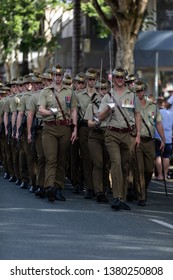 Caboolture, Queensland/Australia - April 25 2019: Proud Australian Soldiers Marching In Unison At The ANZAC Day Street March