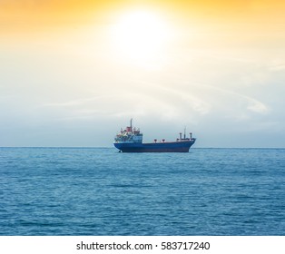 Cabotage Ship In A Sea At The Sunset