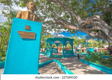 CABRAL, DOMINICAN REPUBLIC - SEPTEMBER 16, 2014: Main square in Cabral, Dominican Republic, with statue of Juan Pablo Duarte