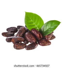 Cacao beans with leaf isolated on a white background