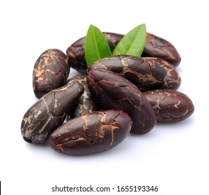 Cacao beans with leaves isolated on white backgrounds.