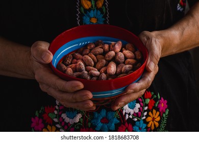 Cacao beans on a traditional colorful bowl from Oaxaca, Mexico