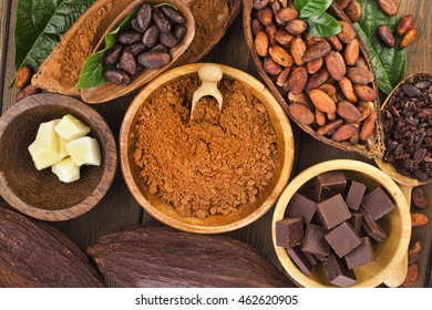 Cacao beans and powder, cacao butter and cacao nibs with chopped chocolate on a wooden background