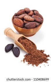 cacao beans and cacao powder isolated on white background