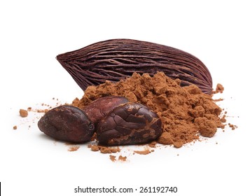 Cacao beans and powder isolated on white background - Shutterstock ID 261192740