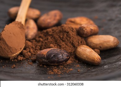 Kakaobohnen und Kakaopulver in Löffeln