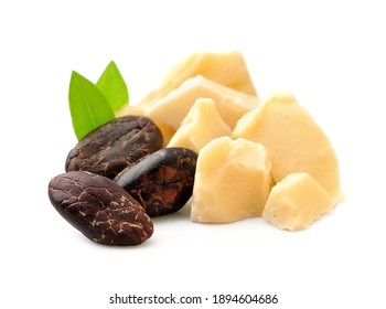 Cacao butter and cacao beans on white backgrounds.Super food. Organic oil.