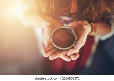 Cacao ceremony, heart opening medicine. Ceremony space. Cacao cup in woman's hand. - Shutterstock ID 2206808371