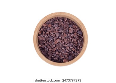 Cacao Nibs in Wooden Bowl isolated on white background