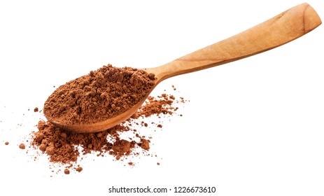 Cacao. Pile cocoa powder in spoon isolated on white background with clipping path