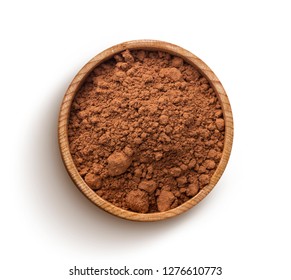 Cacao. Pile of cocoa powder in wooden bowl isolated on white background, top view