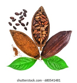 Cacao pods and beans and powder with leaves isolated on white background