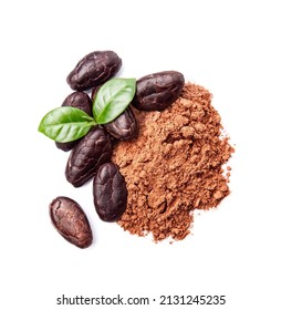 Cacao powder and cacao beans on white backgrounds.