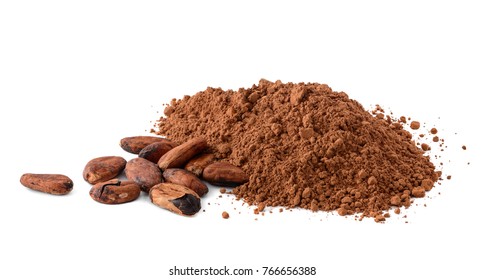 Cacao powder and cocoa beans isolated on white background. Macro with full dept of field