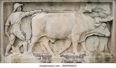 Caceres - Dec 1st, 2020: Plough Drawn By Oxen Relief At Gabriel Y Galan Monument. Sculpted By Perez Comendador In 1926