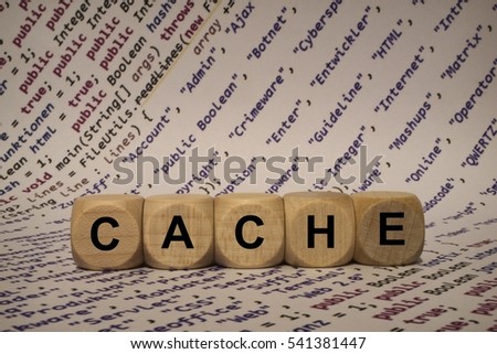 cache - cube with letters and words from the computer, software, internet categories, wooden cubes