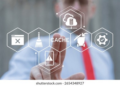 Cache and spam concept for website design or landing web page. Person using virtual touch screen push word: CACHE. Cleaning mobile phone from trash files. Deleting documents with cleansing software.