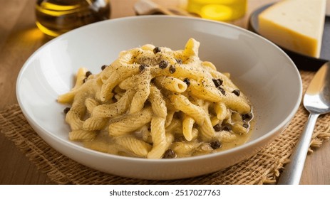 Cacio e Pepe: Simple yet indulgent, al dente pasta tossed with freshly ground black pepper and Pecorino Romano cheese, creating a creamy, peppery sauce. - Powered by Shutterstock