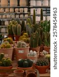 Cacti in pots, in a botanical garden.