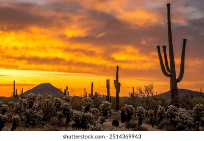 Cactus desert at dawn. Beautiful sunrise over cactus desert. Cactus desert in early morning at dawn. Dawn over the cactus desert - Powered by Shutterstock