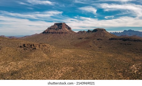 Cactus And Mountain Landscape In Baja California, Mexico. Aerial View