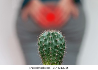 A Cactus Opposite The Woman In The Pants Holding His By The Ass, Close Up. Medical Concept Of Hemorrhoids, Anal Pains