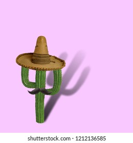 Cactus With Sombrero Hat And Mustache On Color Background.